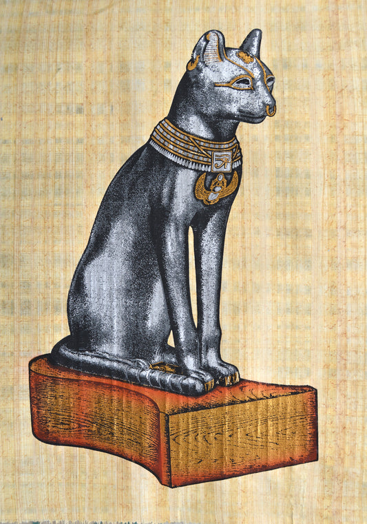 Handmade Papyrus Painting – Bastet Cat Statue (Ancient Egyptian Art)-20*30 cm