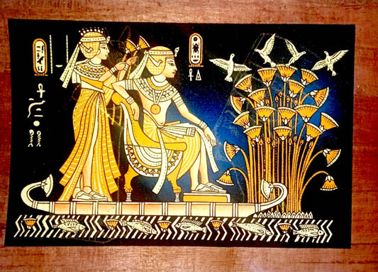 Handmade Papyrus Painting – Ancient Egyptian Royal Couple on Nile Boat with Lotus & Birds-70*100 cm