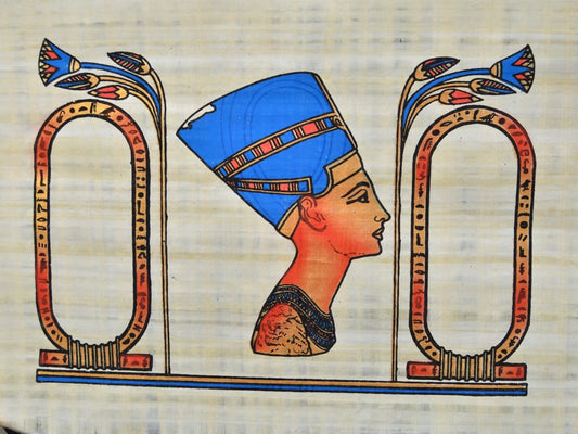 Customized Papyrus Artwork – Nefertiti Head with Personalized Hieroglyphic Names- 30*80 cm